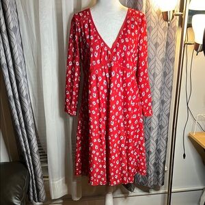Elegant Red Floral Long Sleeve Dress